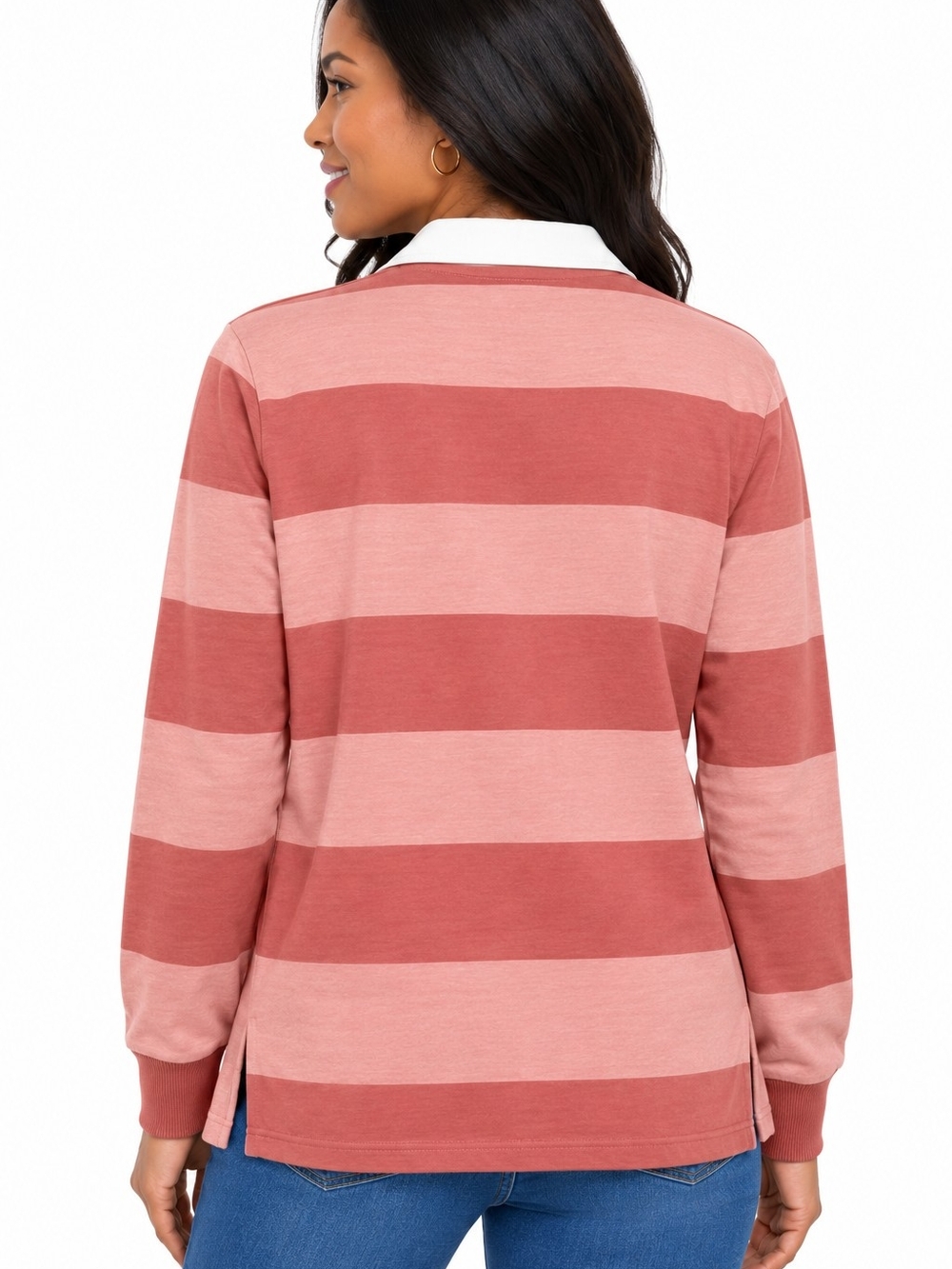 Lands' End Striped Rugby Polo - Dusty Rose & Blush - Picture 2 of 7